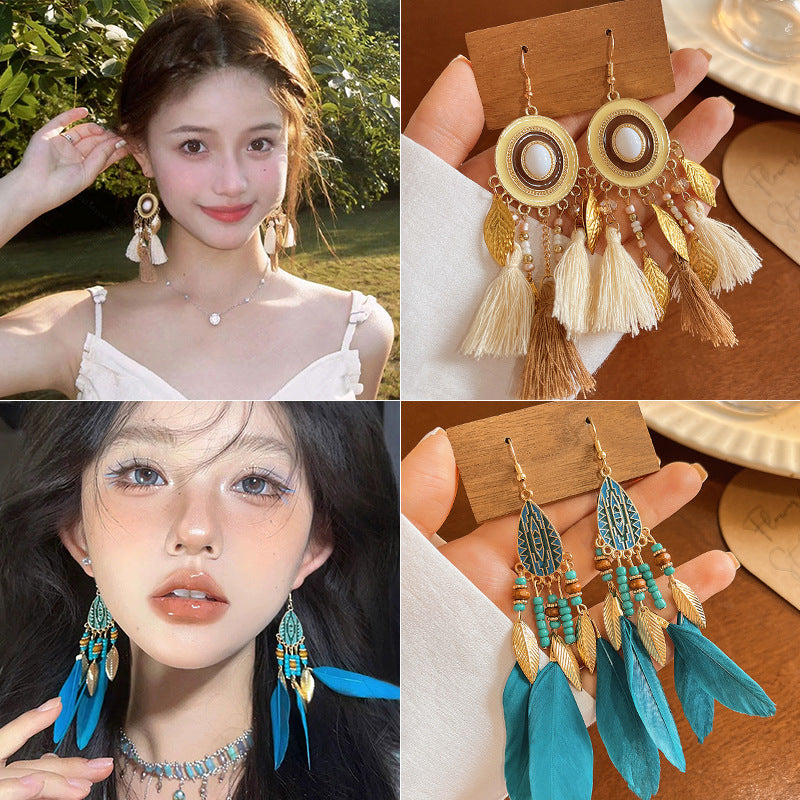 Women's Bohemian Style Long Feather Tassel Ethnic Earrings