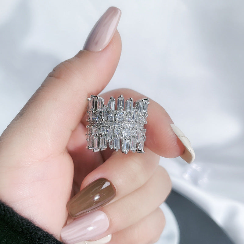 Full Diamond Open-end Zircon Female High Sense Niche Personality Rings