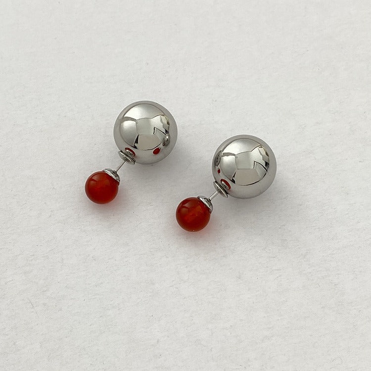 Tigereye Sier Needle Double Ball Texture Earrings