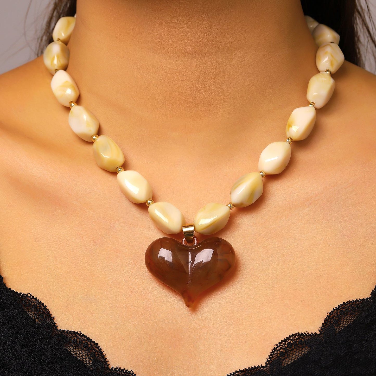 Dopamine Color Resin Big Heart Exaggerated Irregular Beaded Vacation Style Necklaces