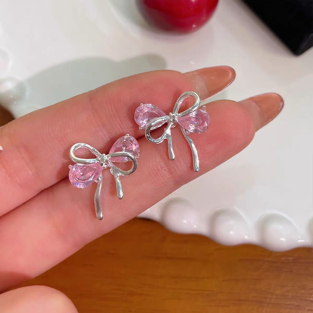 Women's Sier Bow Zircon For Gentle Sweet Beautiful French Earrings