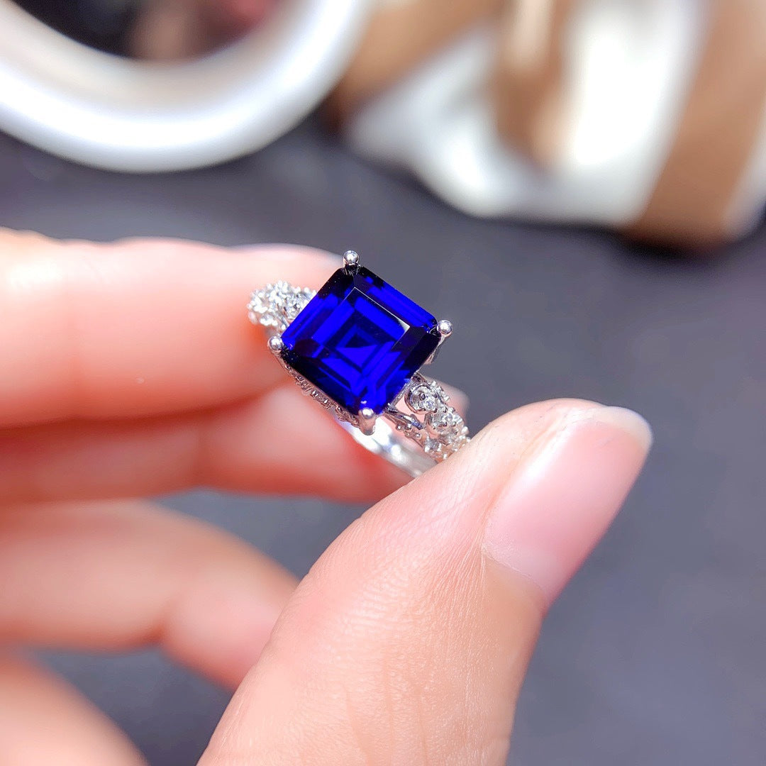 Princess Square Diamond Royal Blue Open Rings