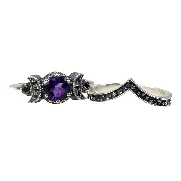 Triple Moon Suit Bohemian Amethyst Goddess Rings