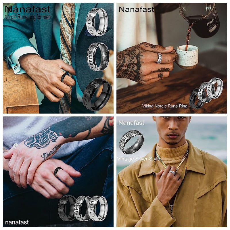 North Rune Distressed Retro Titanium Steel Rings