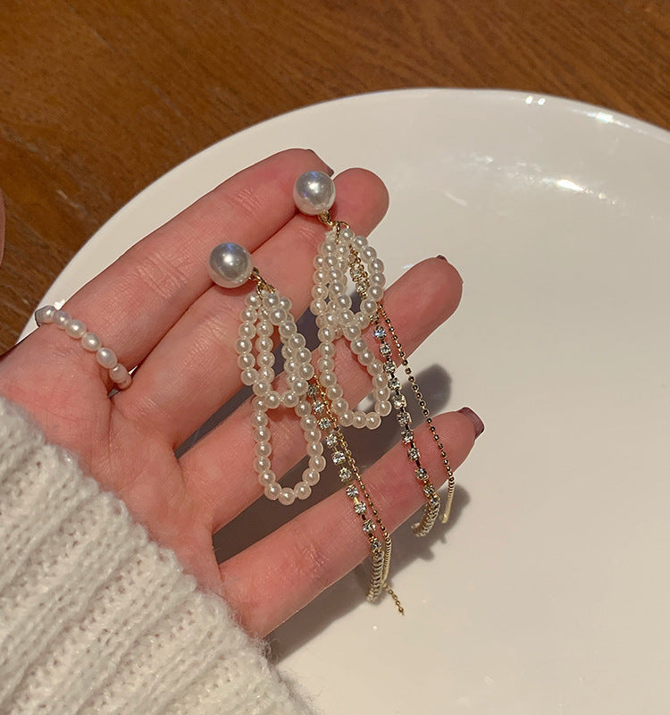 Tassel High-grade Sier Needle Metal Light Luxury Pearl Earrings