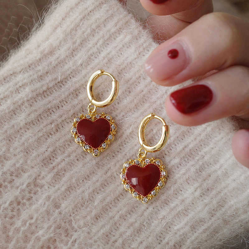 Women's Sier Needle Red Geometric Ear Korean Earrings