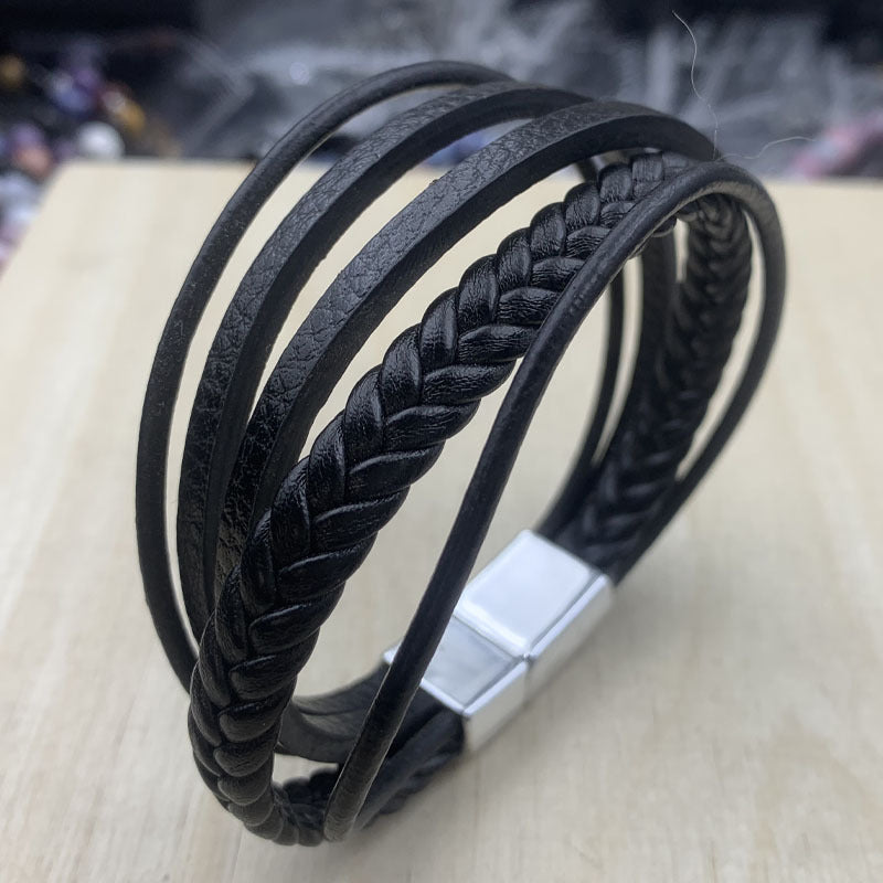 Men's Cowhide String Woven Alloy Magnetic Snap Bracelets