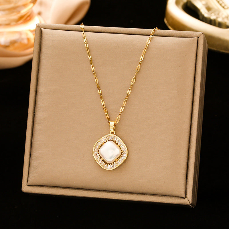 Gold Square Titanium Steel Versatile Zircon Necklaces