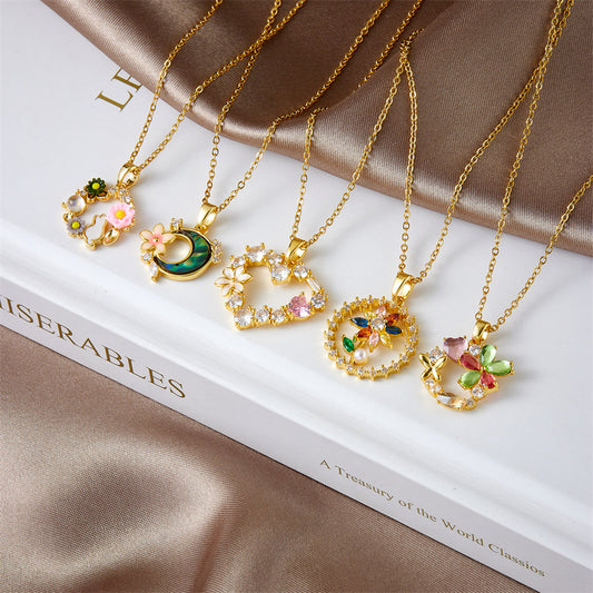 Inlaid Zircon Copper Plated Real Gold Flower Design Necklaces