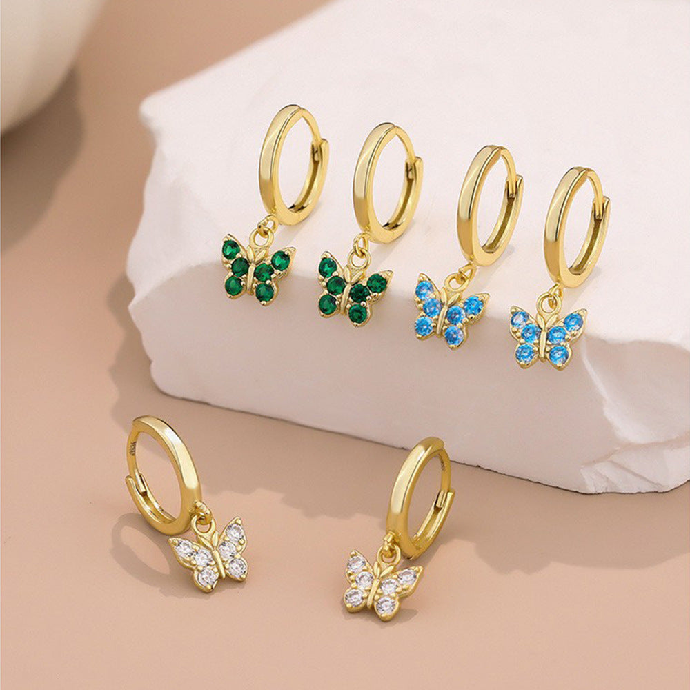 Sier Butterfly Zircon Eardrop Female Geometric Earrings