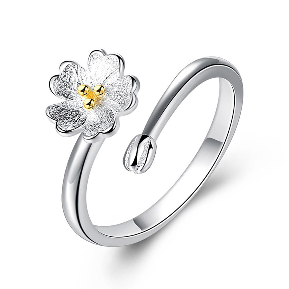 Open Mouth Sier Plated Female Flower Fashion Sweet Adjustable Rings