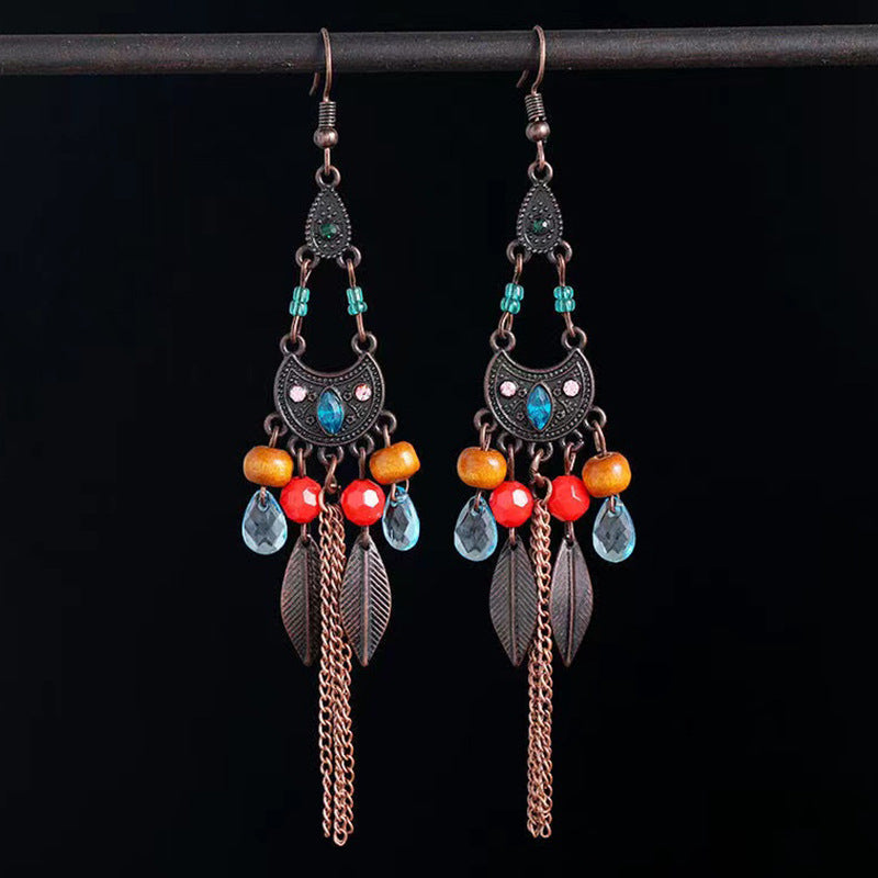 Leaf Tassel Ear Hook Ethnic Style Face Slimming Earrings