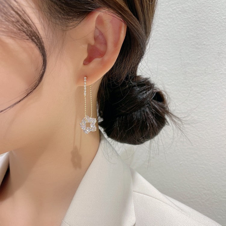 Sier Needle Zircon Flower Fashionable Elegant Trendy Earrings