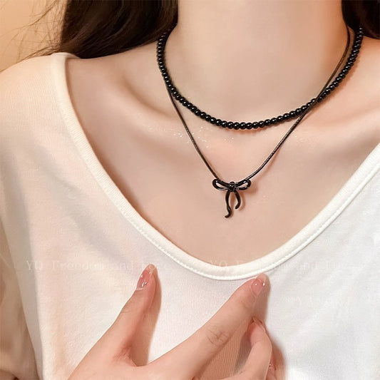 Imitation Black Onyx Bow Clavicle Chain Dark Necklaces