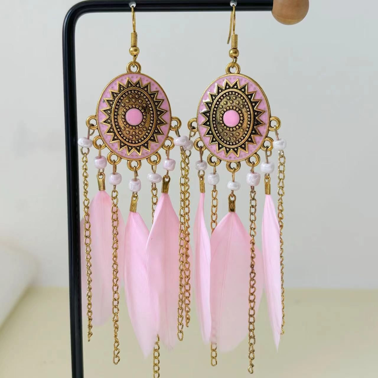 Bead Feather Chain Tassel Long Bohemian Earrings