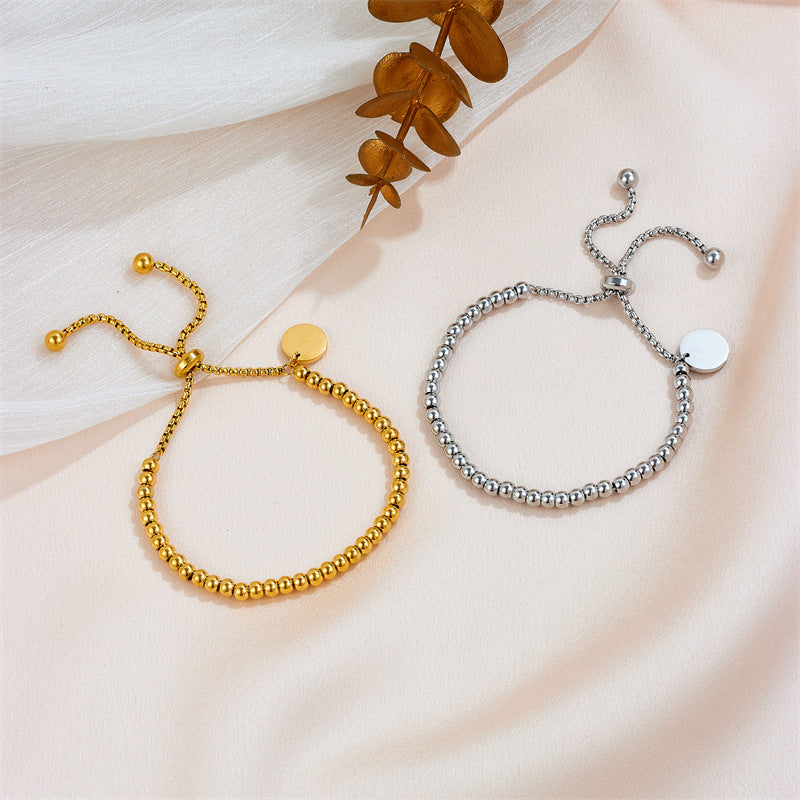 Women's Steel Simple Stylish Round Tag Adjustable Beads Bracelets