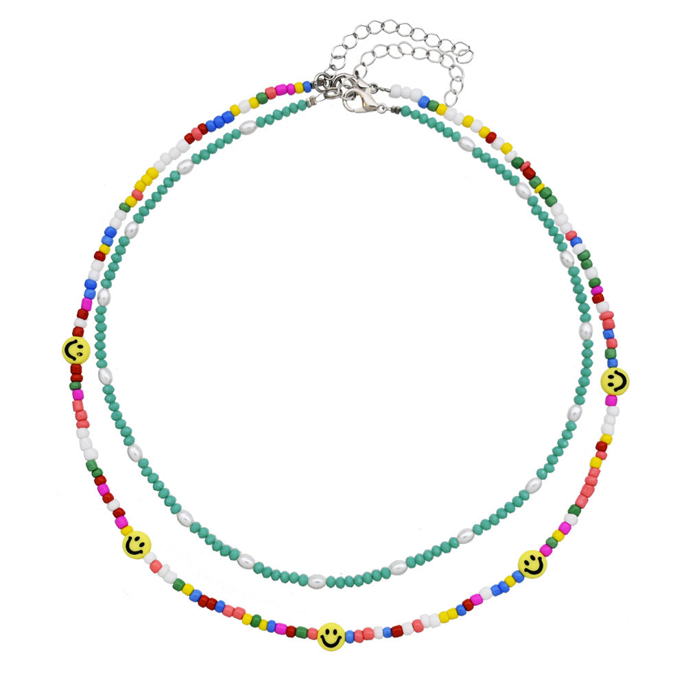 Crystal Clavicle Chain Smiling Face Bead Twin Color Necklaces