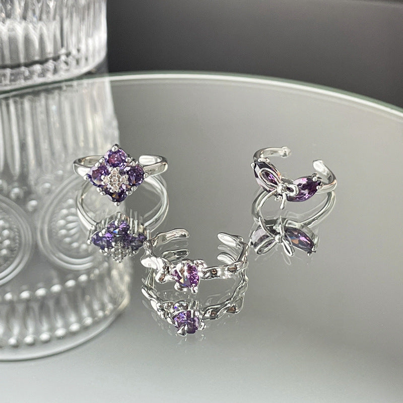 Sweet Cool Clover Purple Diamond Stylish Rings