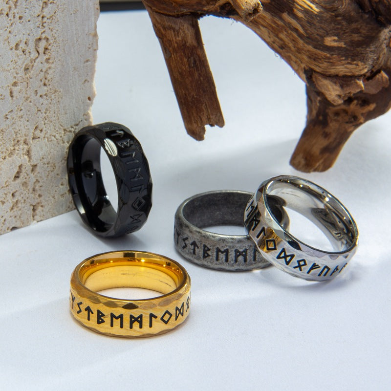 North Rune Distressed Retro Titanium Steel Rings