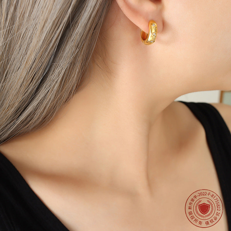 Women's Retro Design Cold Temperament Titanium Steel Gold Plated Inlaid Earrings