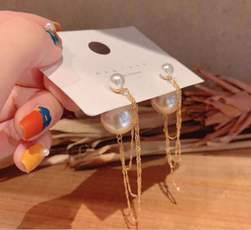 Tassel High-grade Sier Needle Metal Light Luxury Pearl Earrings