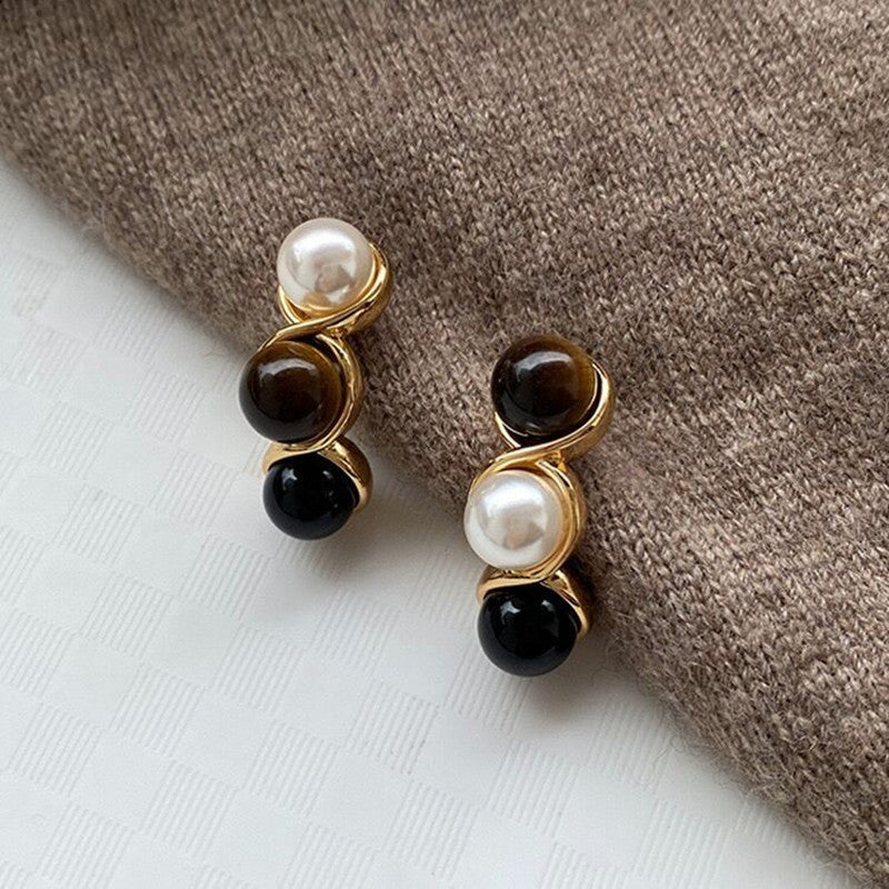 Tigereye Sier Needle Double Ball Texture Earrings