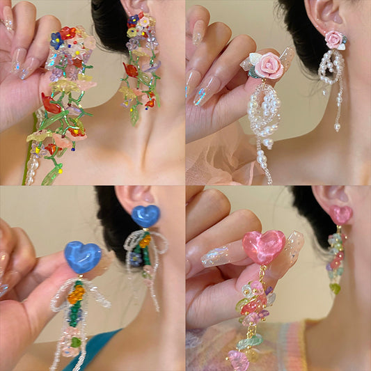 Needle Glaze Love Heart Flowers Summer Earrings