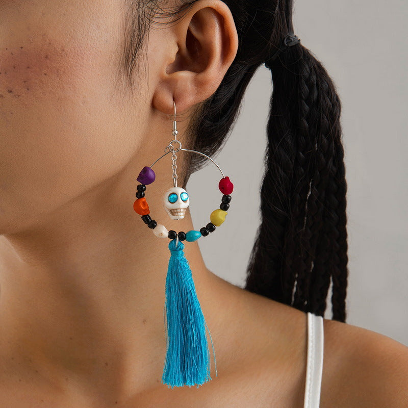 Halloween Funny Fun Skull Tassel Bead Earrings