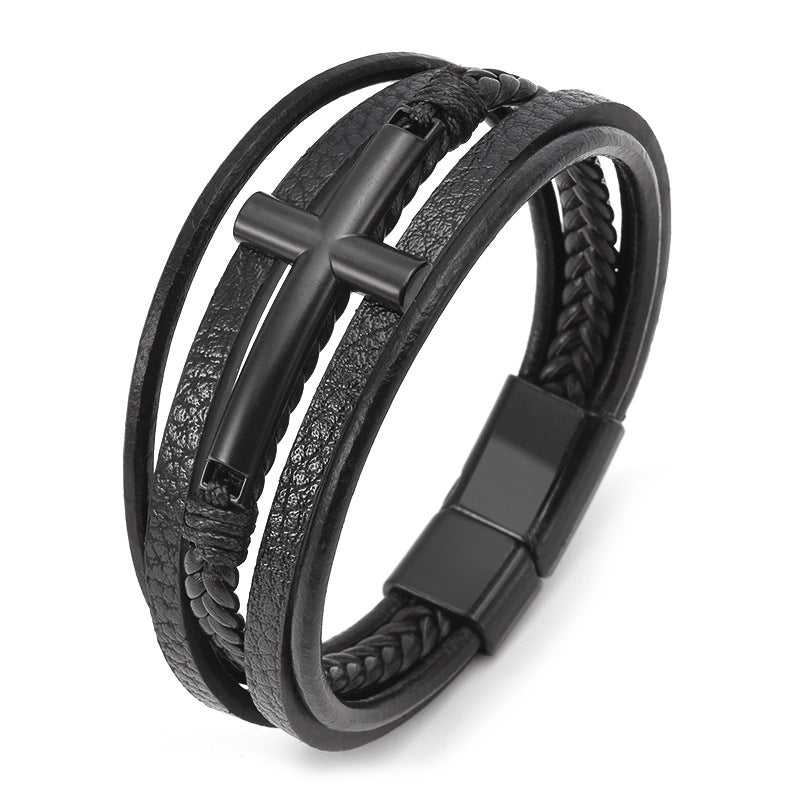 Men's Cross Leather Rope Braided Stainless Steel Bracelets