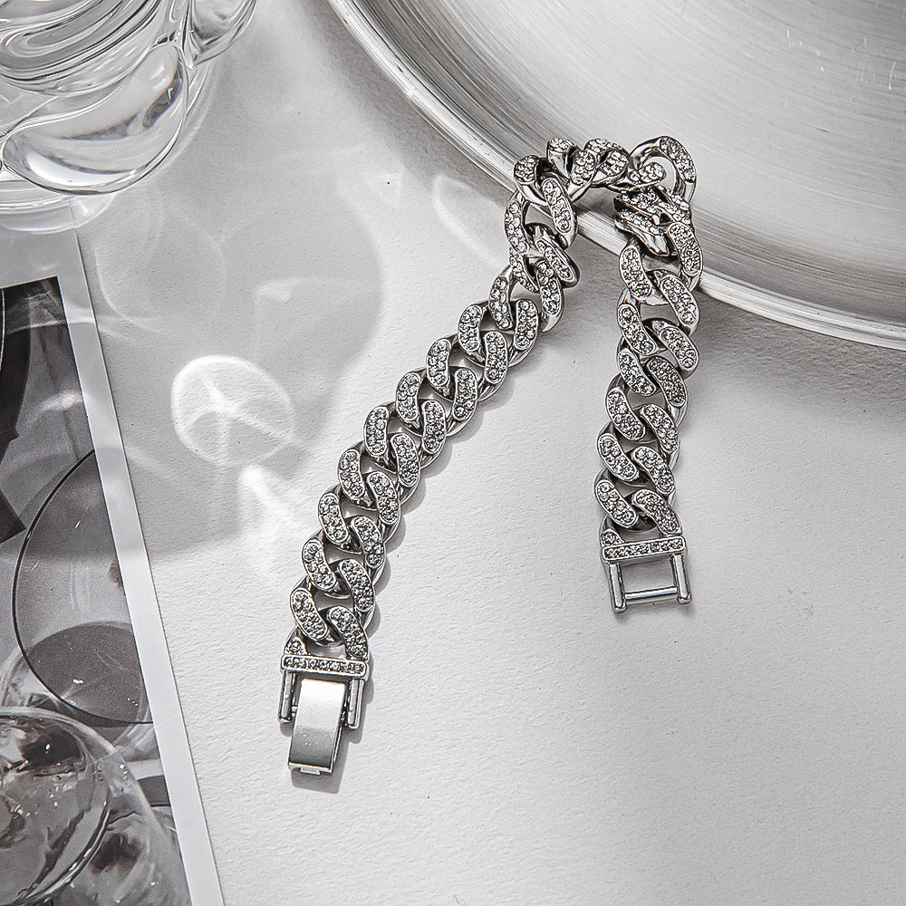 Women's & Men's Full Diamond Cuban Design Couple Titanium Steel Bracelets