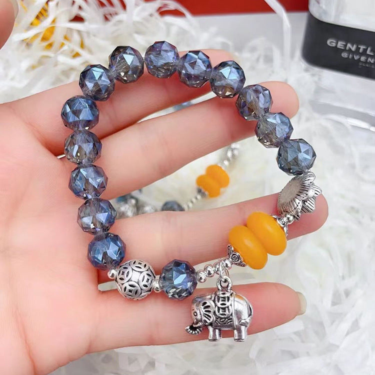 Women's Gray Agate Crystal Tassel Retro Tibetan Sier Longevity Lock Bracelets