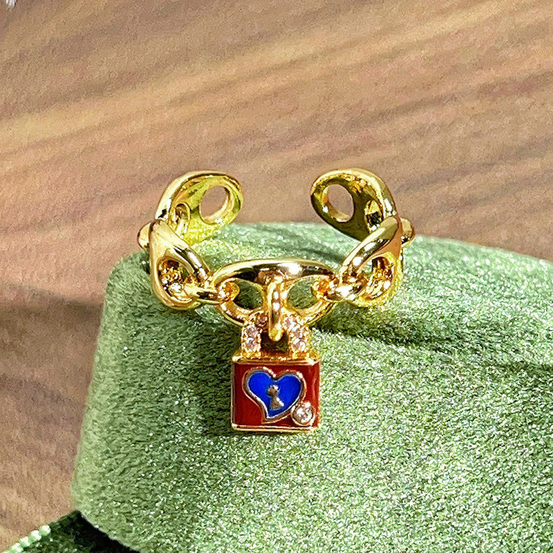 Retro Color Enamel Lock Pig Nose Open-end Zircon Ring