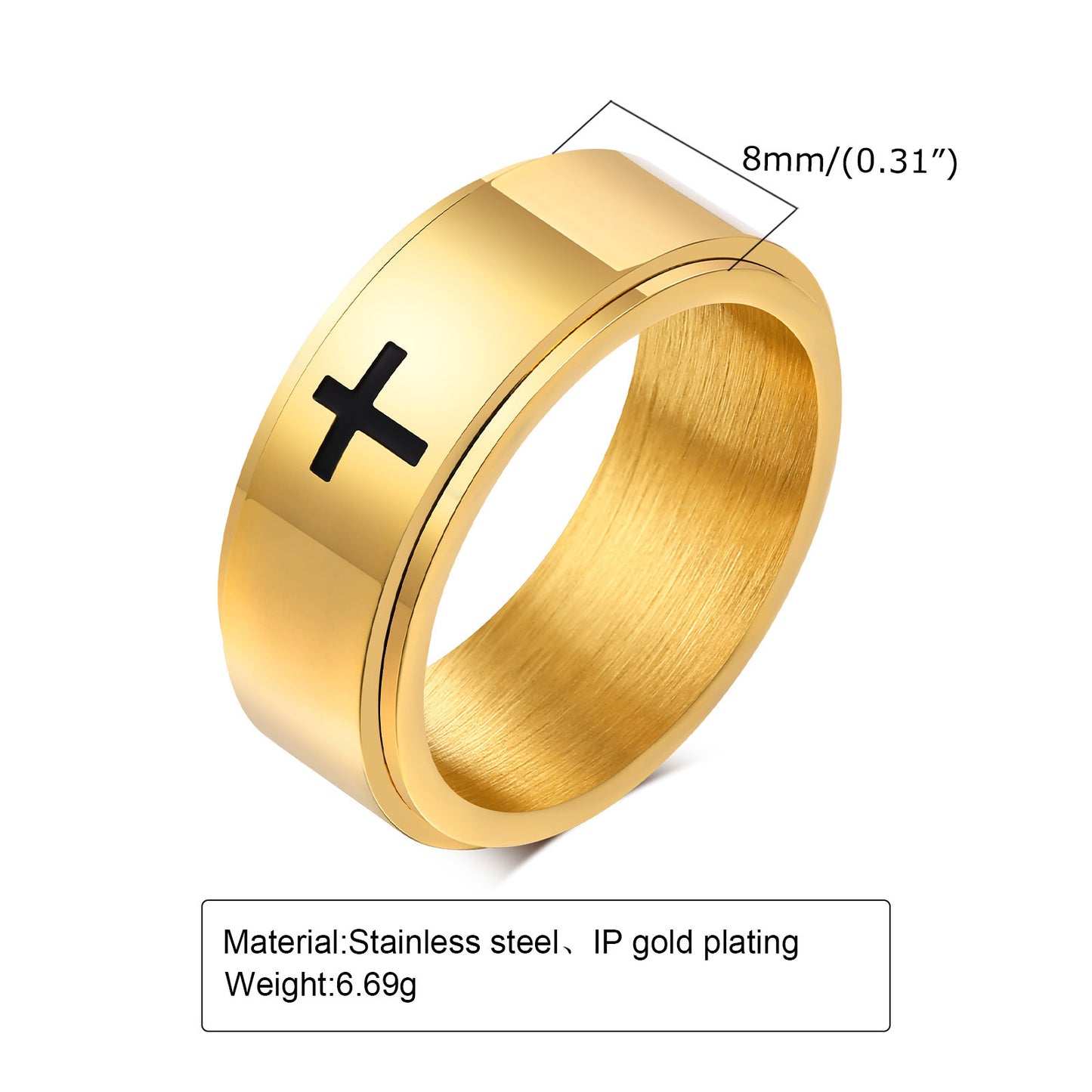 Stainless Steel Laser Corrosion Cross Rotatable Spinning Black Man Rings
