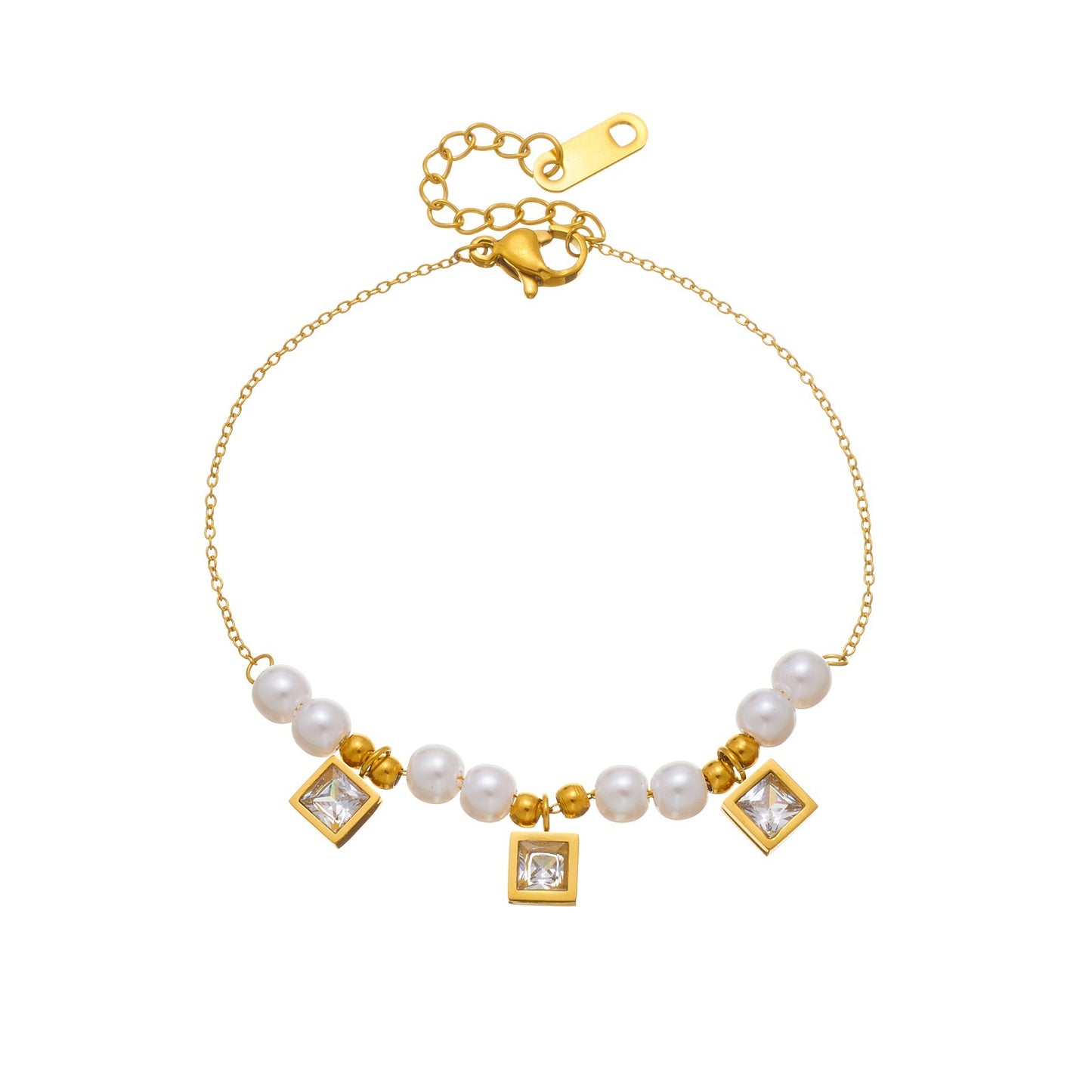 Women's Diamond Square Pearl Chain Gold Plated Bracelet