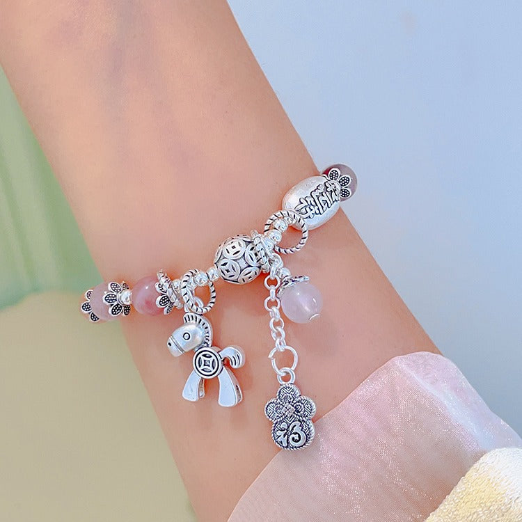 Women's Gray Agate Crystal Tassel Retro Tibetan Sier Longevity Lock Bracelets
