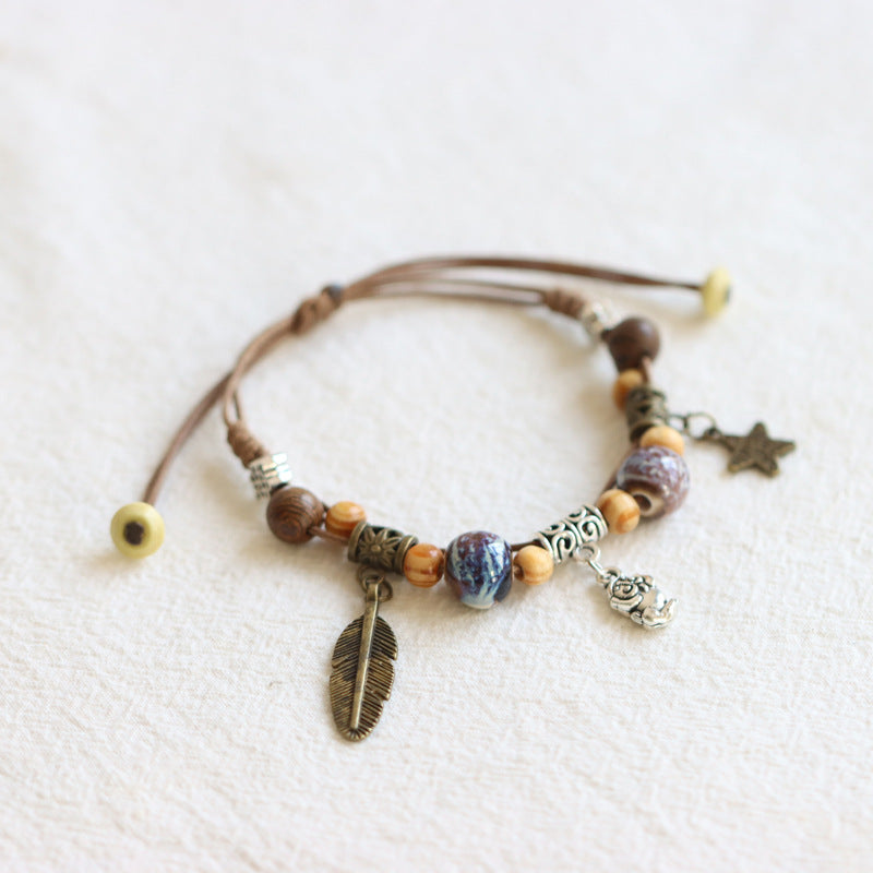 National Style Woven Lucky Cat Ceramic Adjustable Ethnic Carrying Bracelet