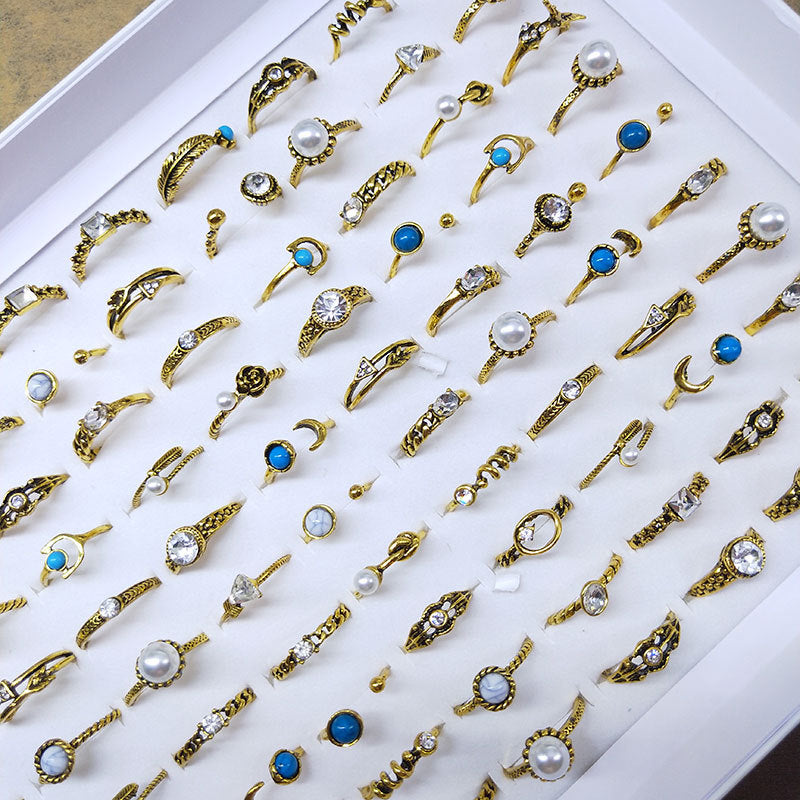 Women's Retro Style Plated Ancient Gold Geometric Small Pearl Antique Rings