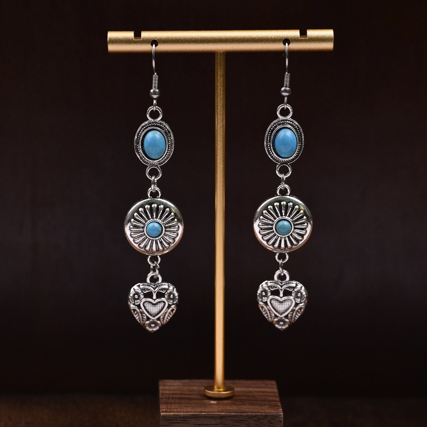 Bohemian Elegant Distressed Texture Flower Love With Turquoise Earrings