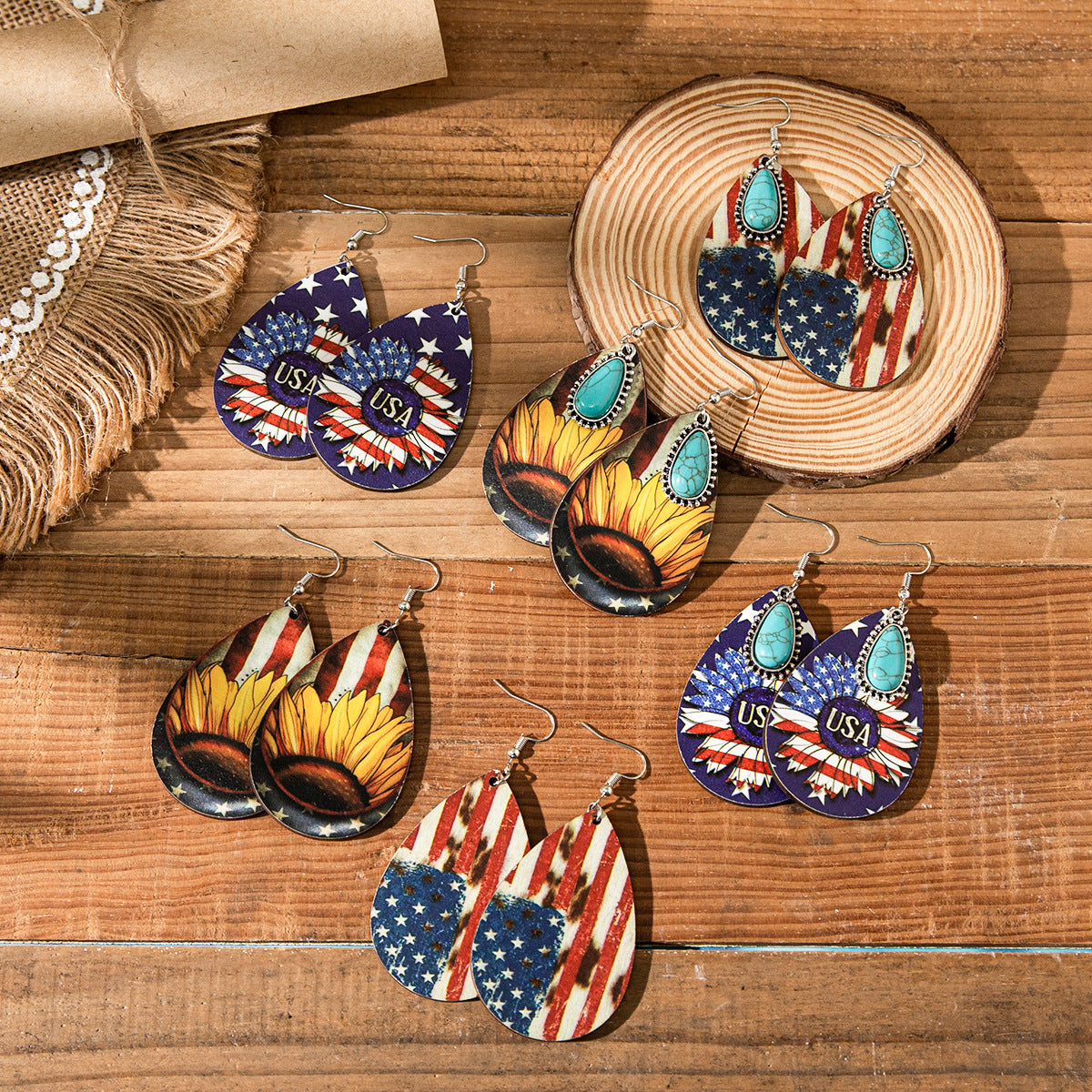 Sense Niche Sunflower Water Drops Wooden Earrings