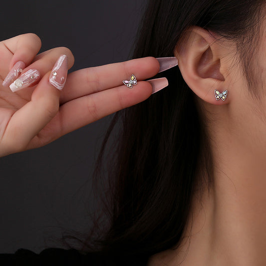 Sier Colorful Zircon Butterfly Exquisite Small Earrings