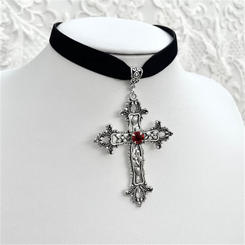Exaggerated Gothic Black Gem Cross Veet Necklace
