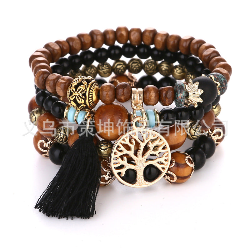 Bohemian Ethnic Wooden Bead Beaded Elastic Bracelets