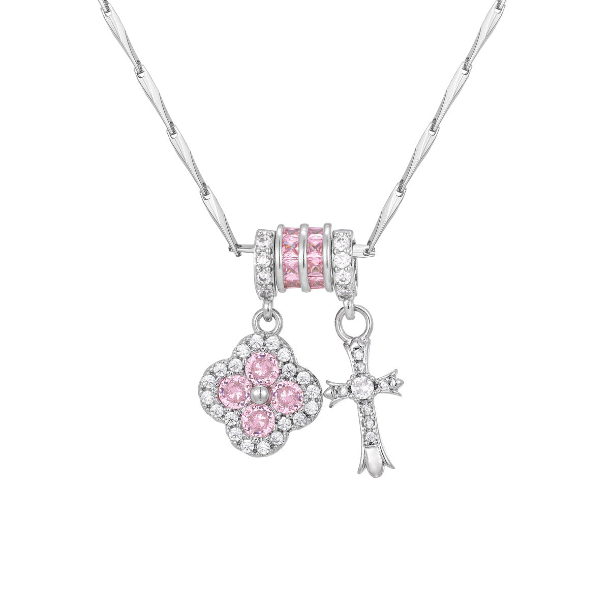 Pink Zirconium Small Waist Gold Clover Cross Pendants