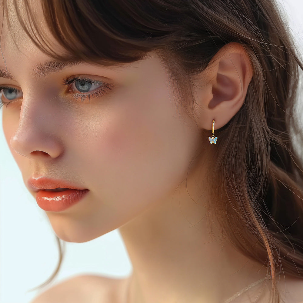 Sier Butterfly Zircon Eardrop Female Geometric Earrings