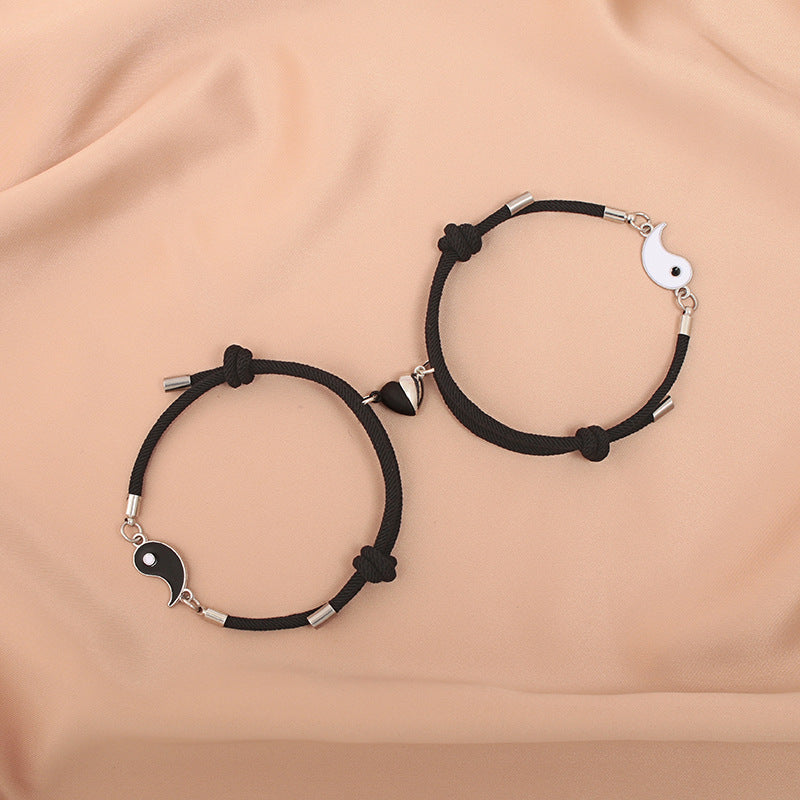 Women's & Men's Rope Black White Magnet Tai Couple Pair Bracelets