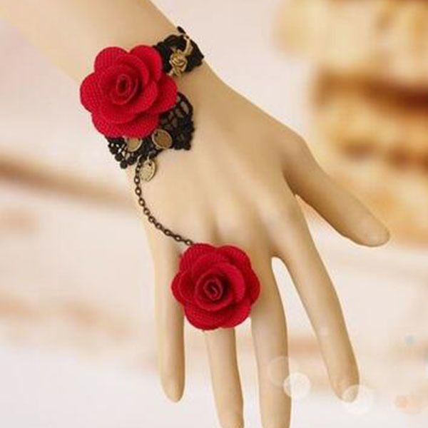 Punk Hand Jewelry Fashion Burgundy Flower Lace Bracelets