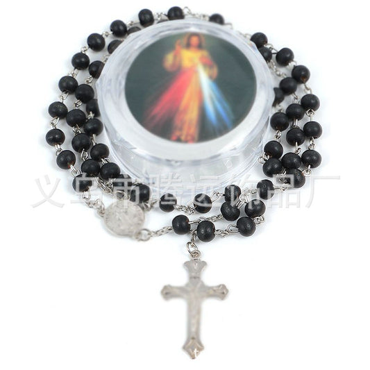 Boxed Black Wooden Bead Beads Cross Necklaces