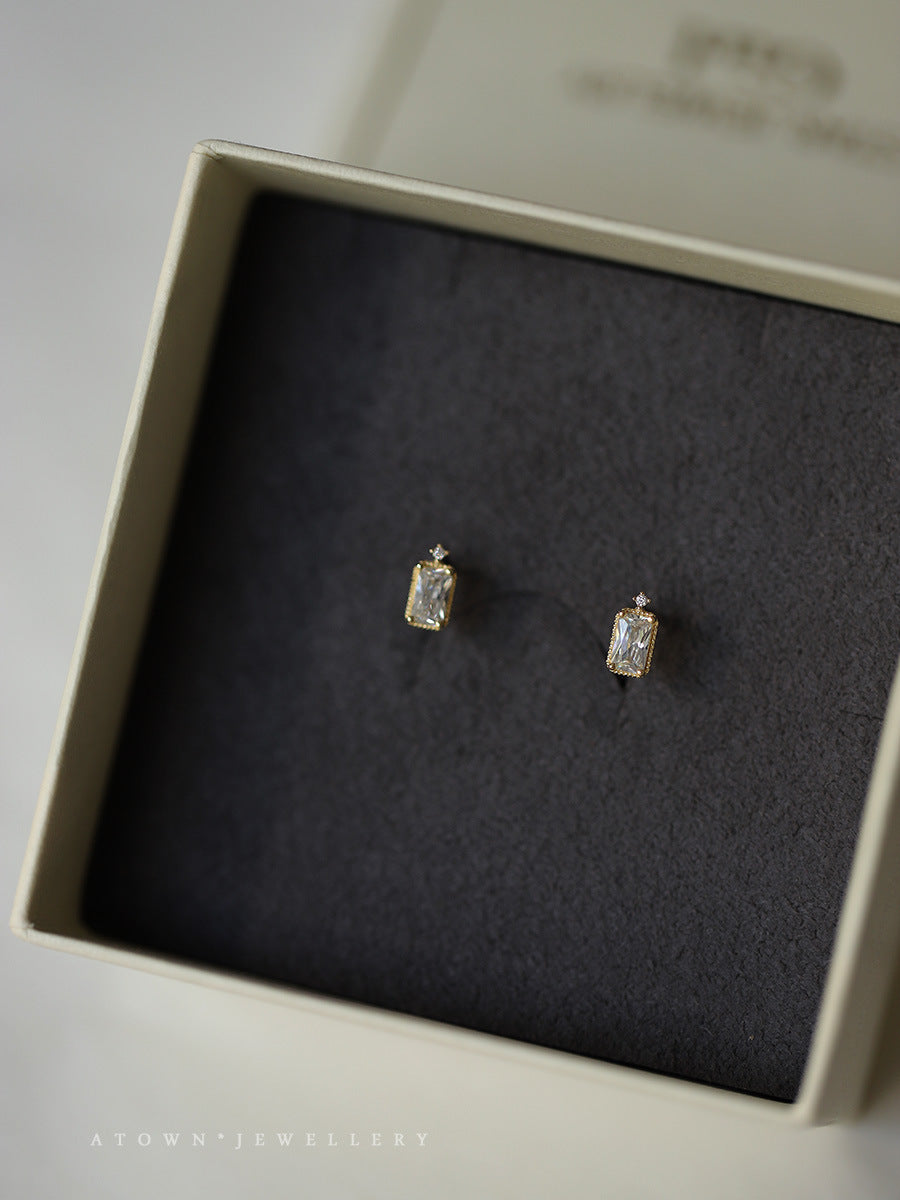 Gold Plated Ear Small Diamond Rectangular Earrings