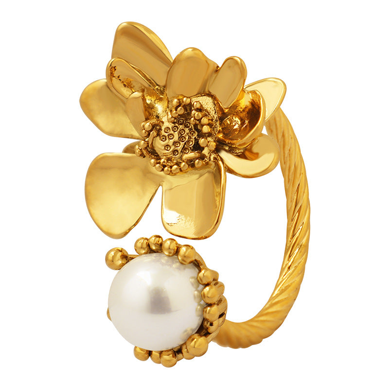 Simple Female Personality Baroque Imitation Pearl Flower Shape Rings