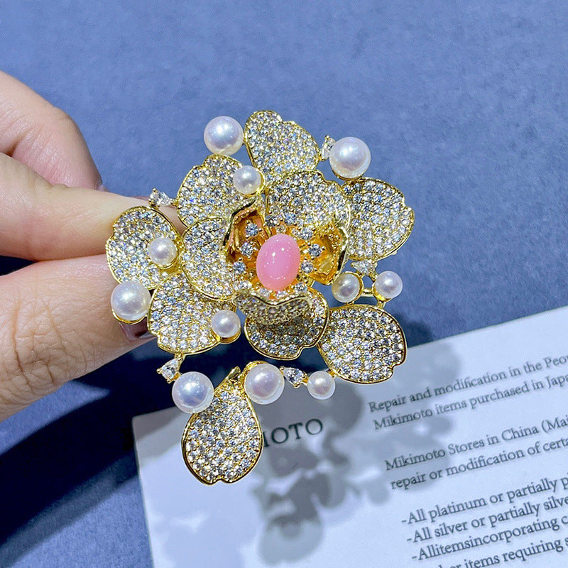 Conch Shell Twin Rose Brooch High-grade Zircon Pin Pearl Brooches